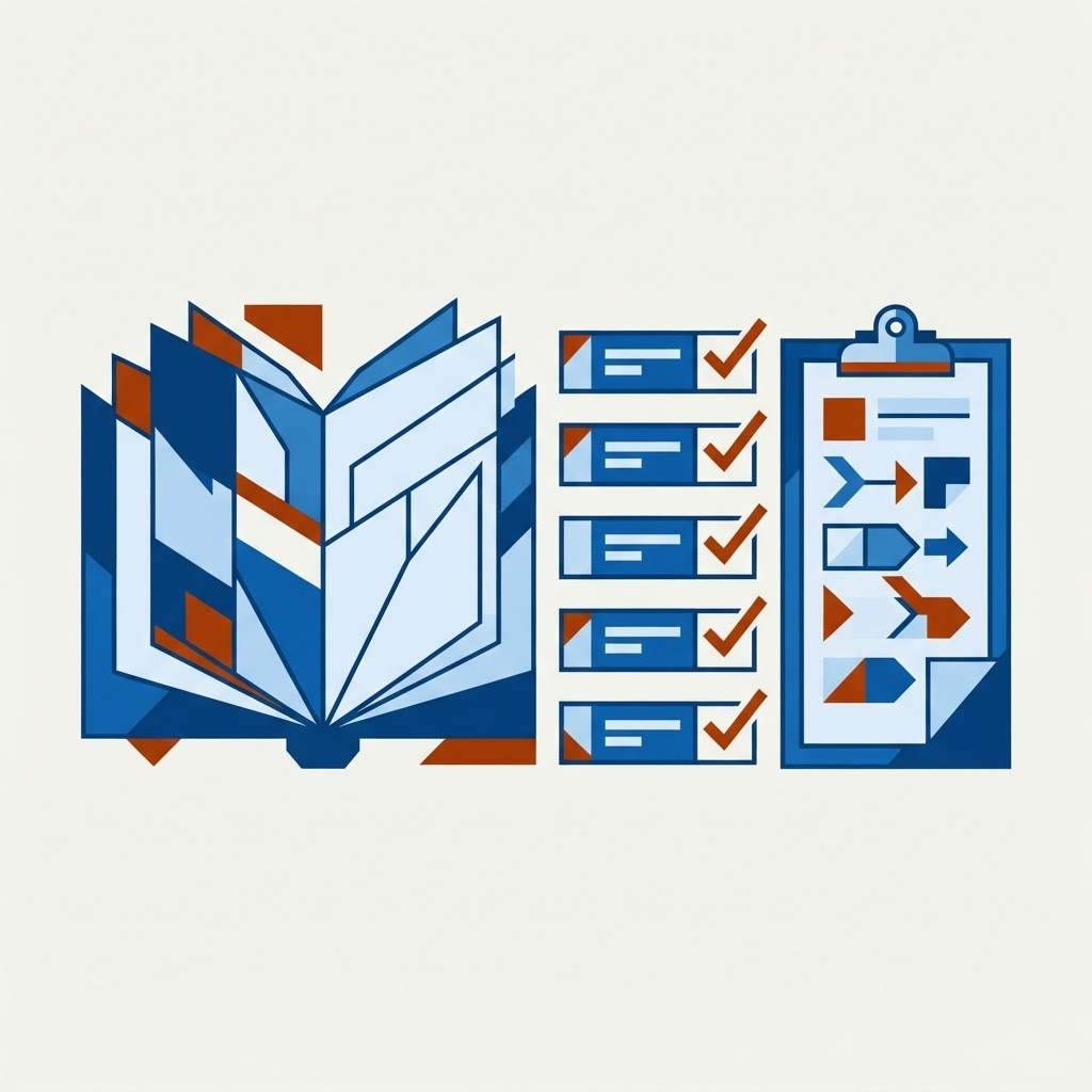 Ilustración editorial geométrica de un libro abstracto y una lista de comprobación que representan un método de enseñanza estructurado